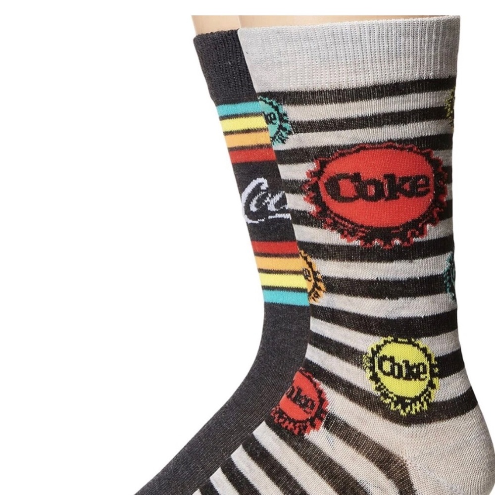 Coca Cola Men’s Multicolor Bottle Cap Crew Socks - 2 pairs fits Shoes Size 6-12